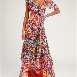 Lulu's Radiant Ruby Red Floral Asymetrical Maxi Dress